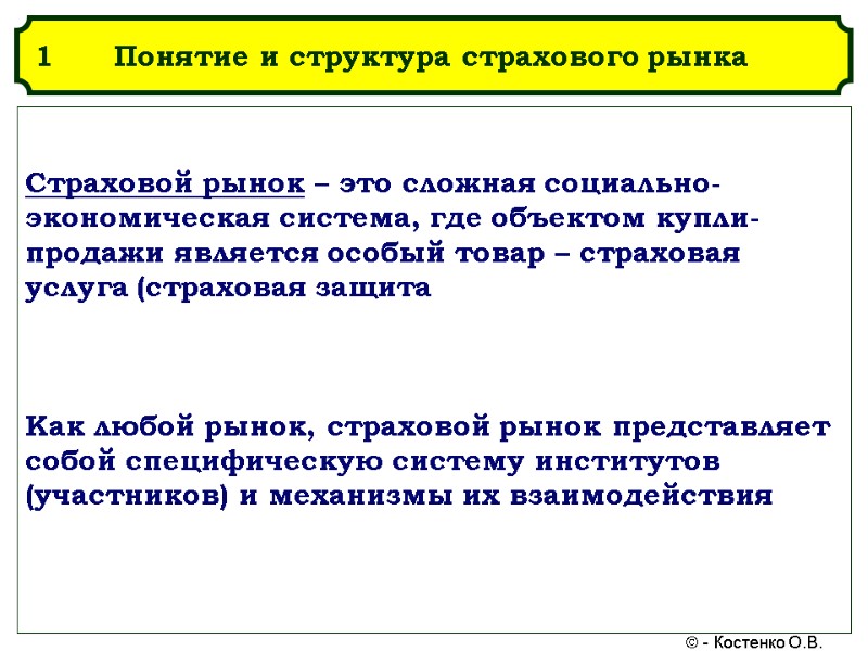 Понятие и структура страхового рынка Страховой рынок – это сложная социально-экономическая система, где объектом